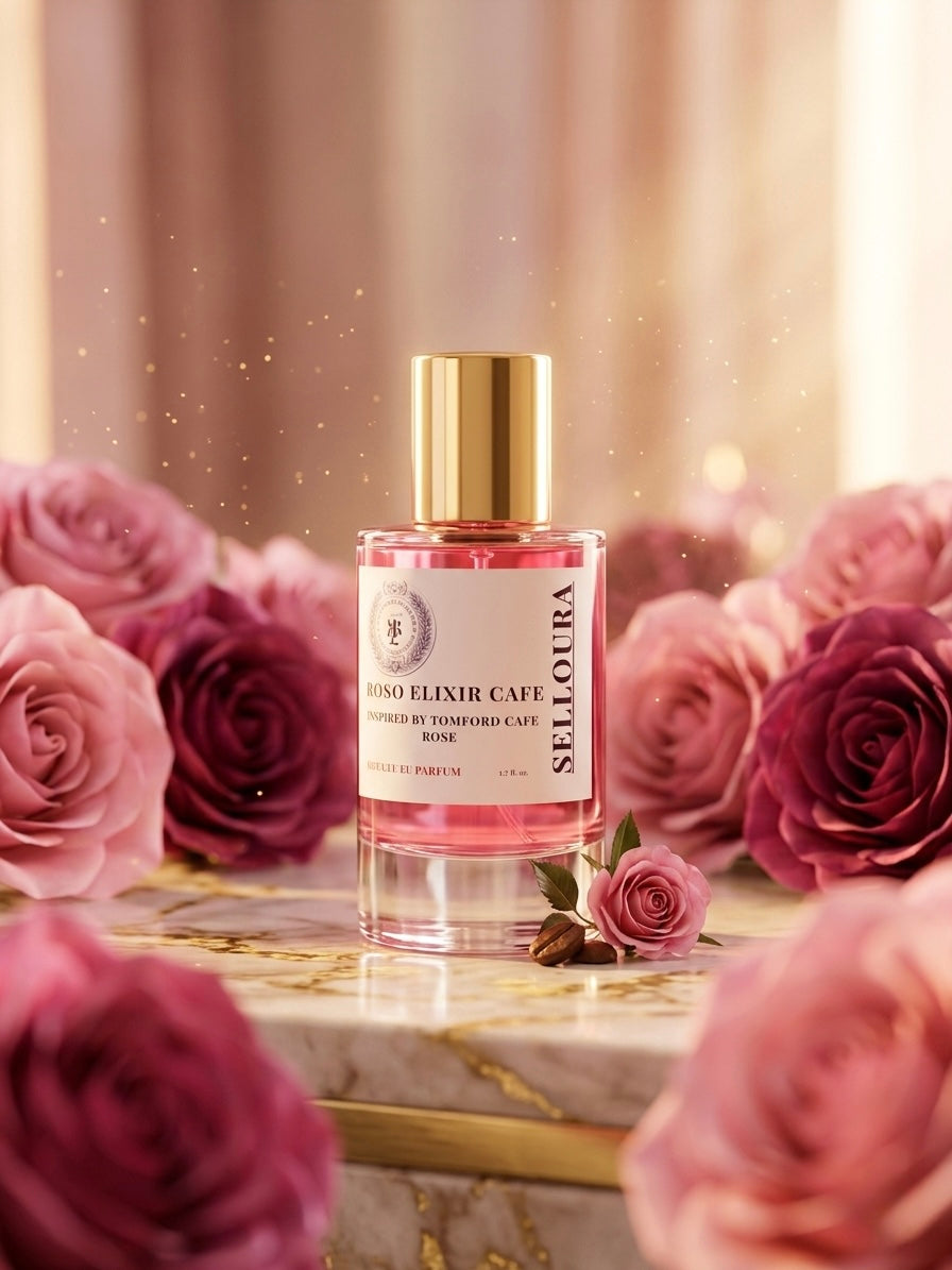 A bottle of SELLOURA Rose Elixir Cafe perfume is centered on a marble surface, surrounded by pink and burgundy roses with a soft, warm, golden background.