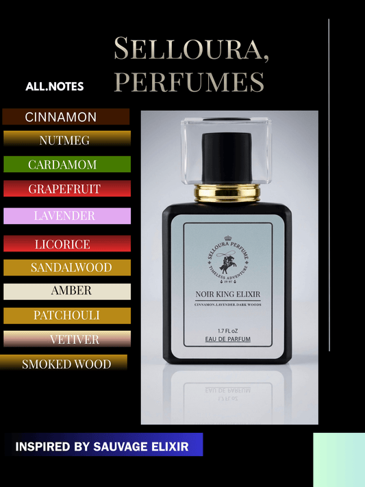 Noir King Elixir fragrance bottle with notes of cinnamon, nutmeg, and more, inspired by Sauvage Elixir.