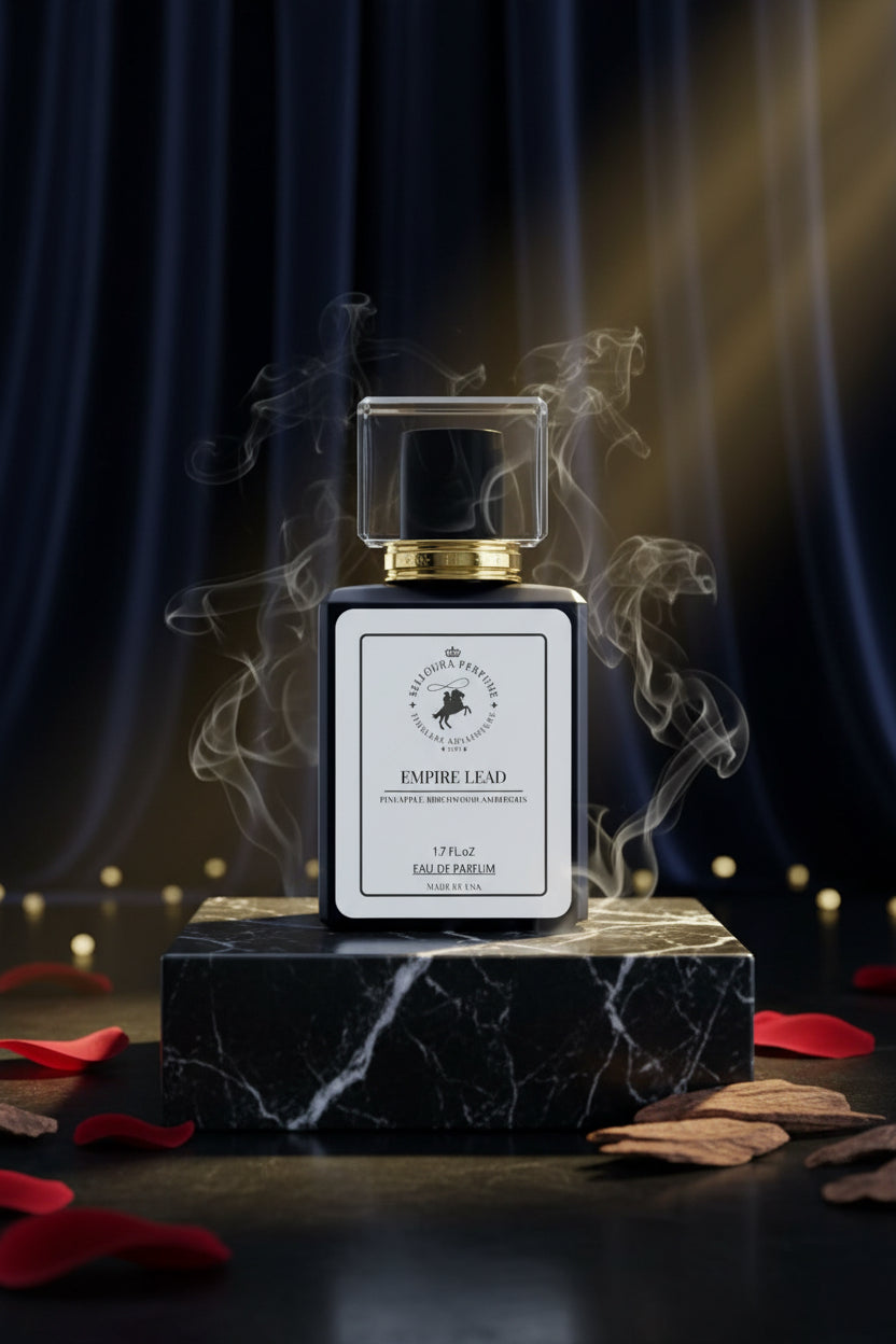 Perfume bottle labeled 'Empire Lead' on a gray background