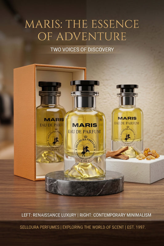 MARIS inspired by Immensite fragrance bottles showcasing renaissance luxury and contemporary minimalism.