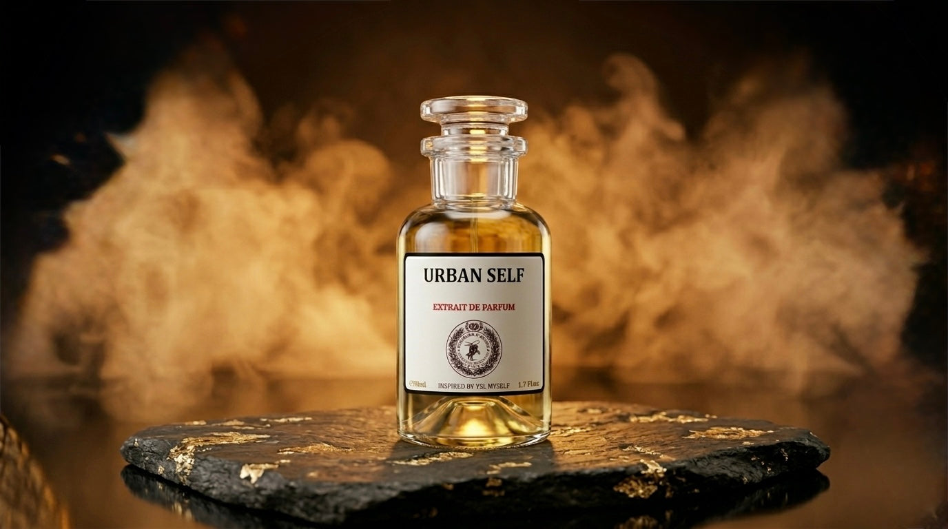 Perfume bottle labeled 'Urban Self' with smoke effect in the background