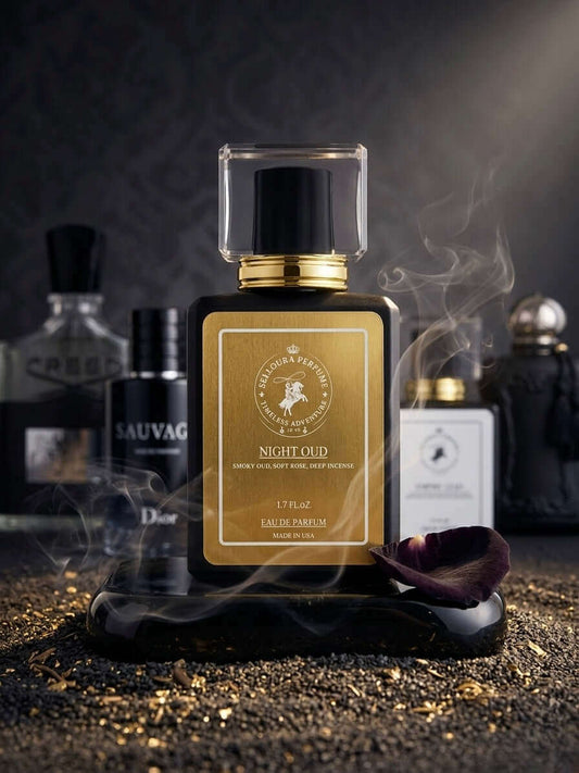 Luxury Scents Inspired by the World's Most Iconic Perfumes - Night Oud fragrance with smoky background and elegant design.