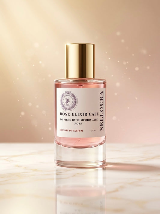 A bottle of Selloura Rose Elixir Cafe perfume with a gold cap and a white label, set on a light marble surface against a warm beige background with soft light bokeh.