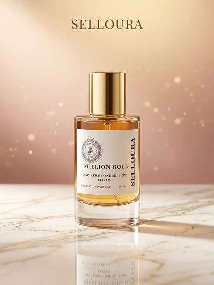 A bottle of SELLOURA Million Gold Extrait de Parfum with a gold cap and white label, set on a marble surface against a warm gold glittery background.