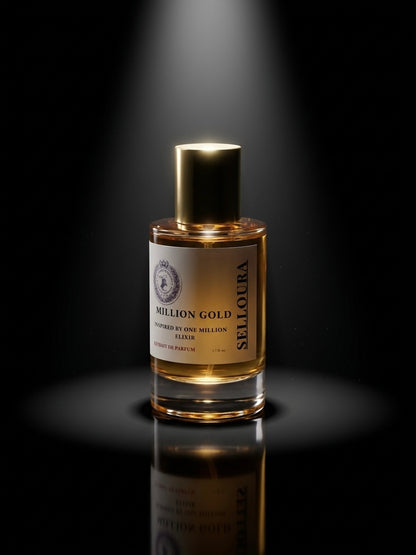A bottle of Selloura Million Gold perfume with a gold cap and cream-colored label, set against a dark background with a dramatic spotlight effect and a reflective surface below.