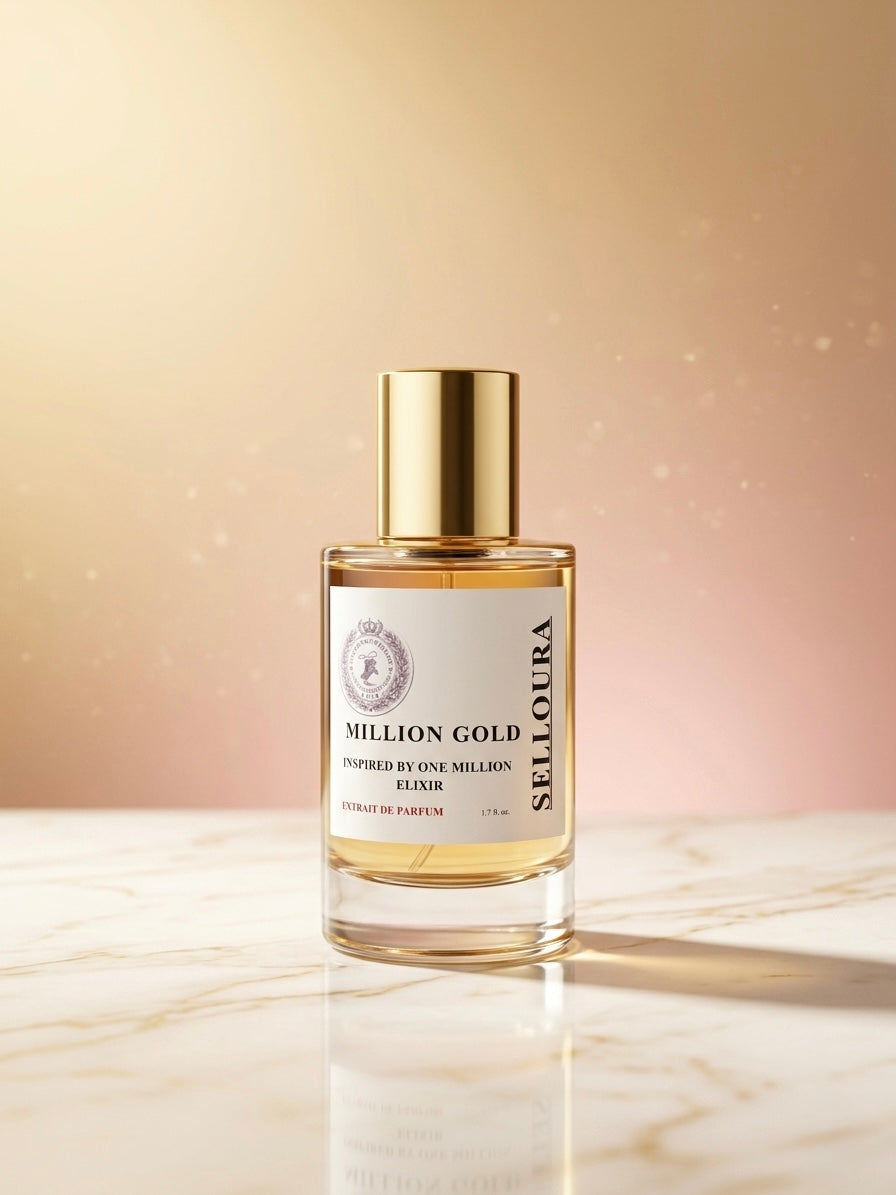 A bottle of Selloura Million Gold Extrait de Parfum with a gold cap and white label, set on a marble surface against a warm beige and pink gradient background.