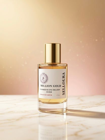 A bottle of Selloura Million Gold Extrait de Parfum with a gold cap and white label, set on a marble surface against a warm beige and pink gradient background.