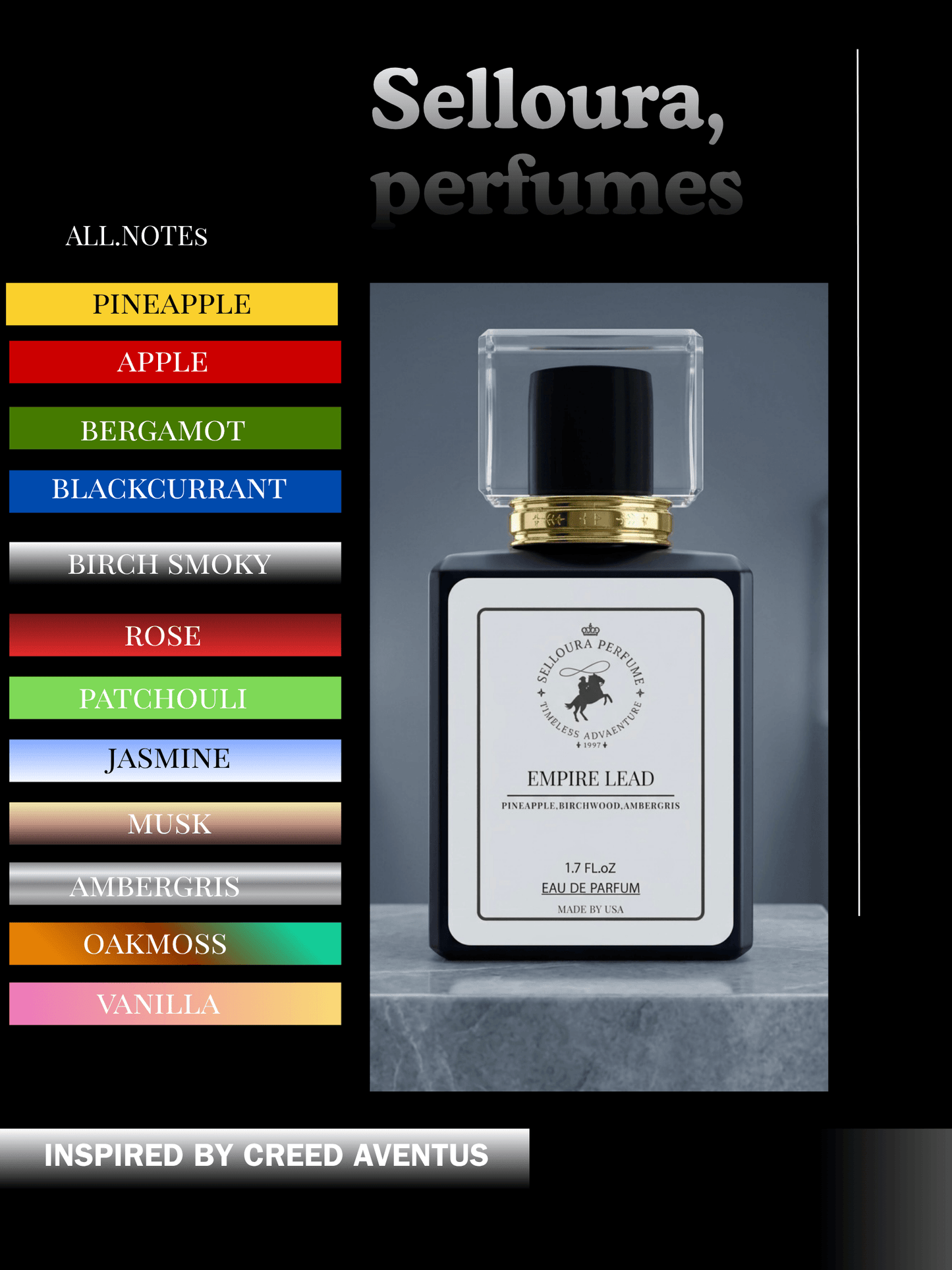 Empire Lead perfume bottle showcasing notes inspired by Creed Aventus; premium artisan fragrance with rich ingredients.