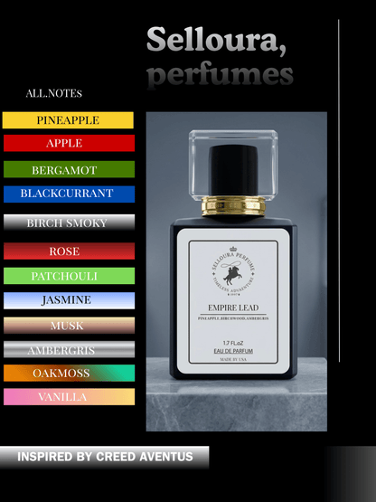 Empire Lead perfume bottle showcasing notes inspired by Creed Aventus; premium artisan fragrance with rich ingredients.