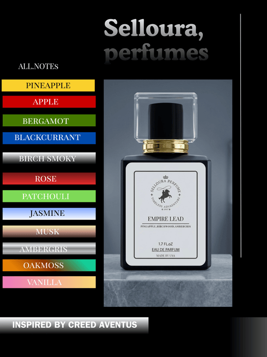 Empire Lead perfume bottle showcasing notes inspired by Creed Aventus; premium artisan fragrance with rich ingredients.
