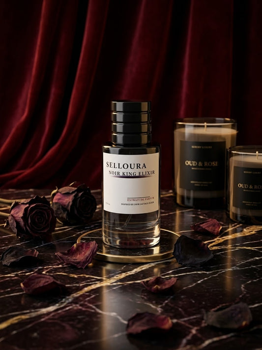 A bottle of SELLOURA Noir King Fixer perfume stands on a gold tray on a dark marble surface, surrounded by dried rose petals and roses, with two candles in the background against a deep red velvet curtain.