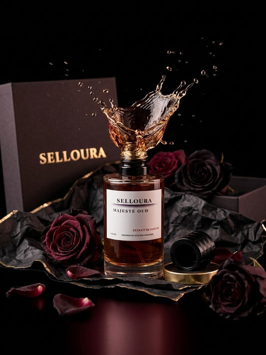Selloura Majeste Oud Eau de Parfum bottle with a dramatic liquid splash, set against a dark background with a branded box, black rocks, and deep red roses.