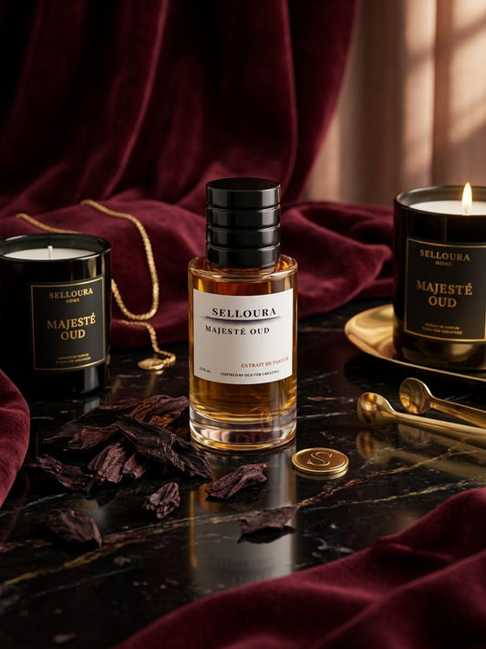 A bottle of SELLOURA Majesté Oud extract de vanille perfume centered on a dark marble surface, flanked by two black candles labeled Majesté Oud, with gold spoons, dried botanicals, and deep burgundy velvet drapery in the background.