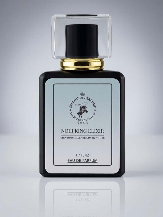 Noir King Elixir fragrance bottle with notes of cinnamon, nutmeg, and more, inspired by Sauvage Elixir.