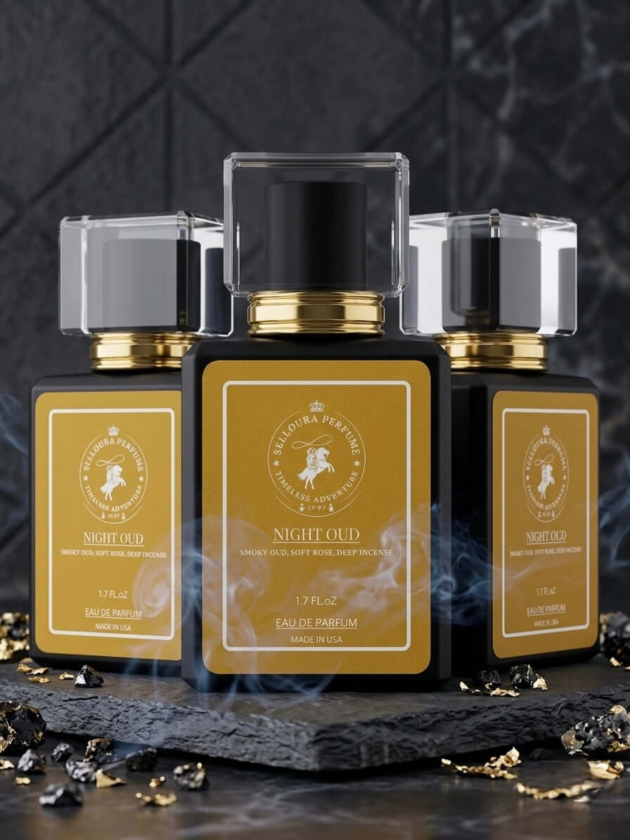 Night Oud inspired by Ombré Leather EDP fragrance bottles on display with smoke effect.