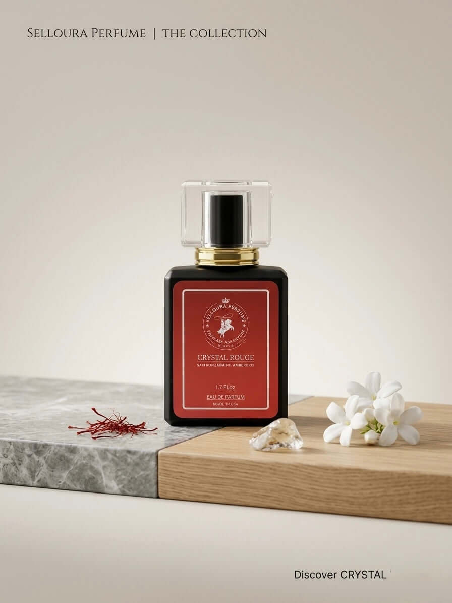 Crystal Rouge Inspired by 540 fragrance bottle on a wooden surface with flowers and saffron.