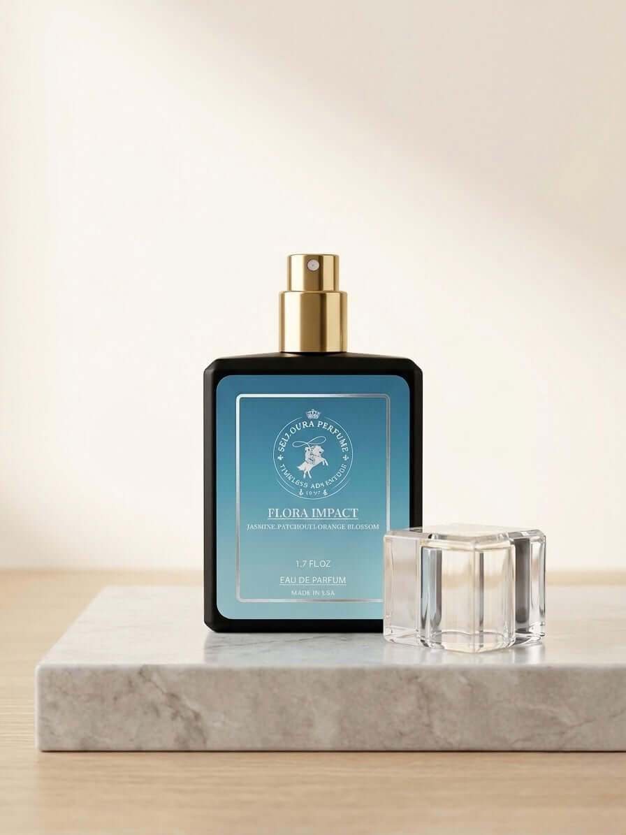 Perfume bottle labeled 'Flora Impact' on a marble surface with a candle.