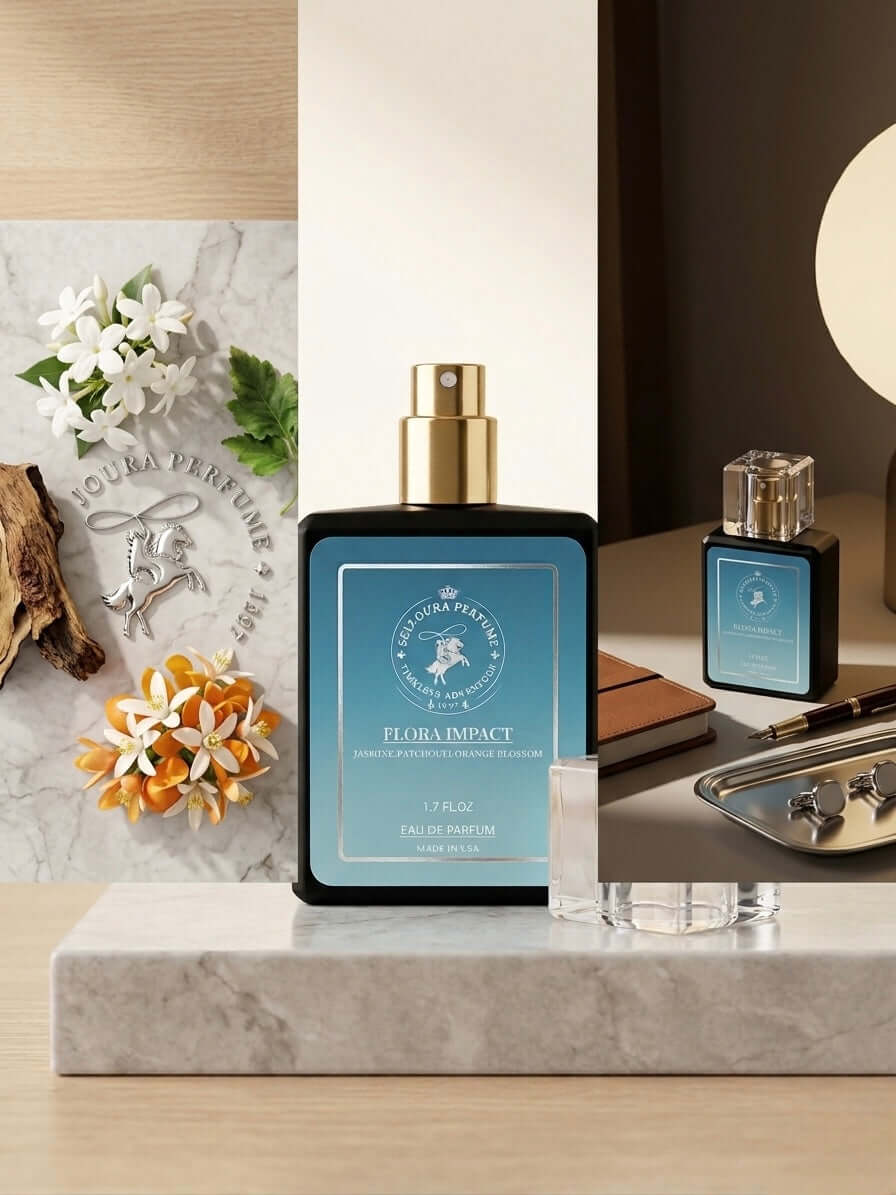 Perfume bottle with decorative elements on a marble surface
