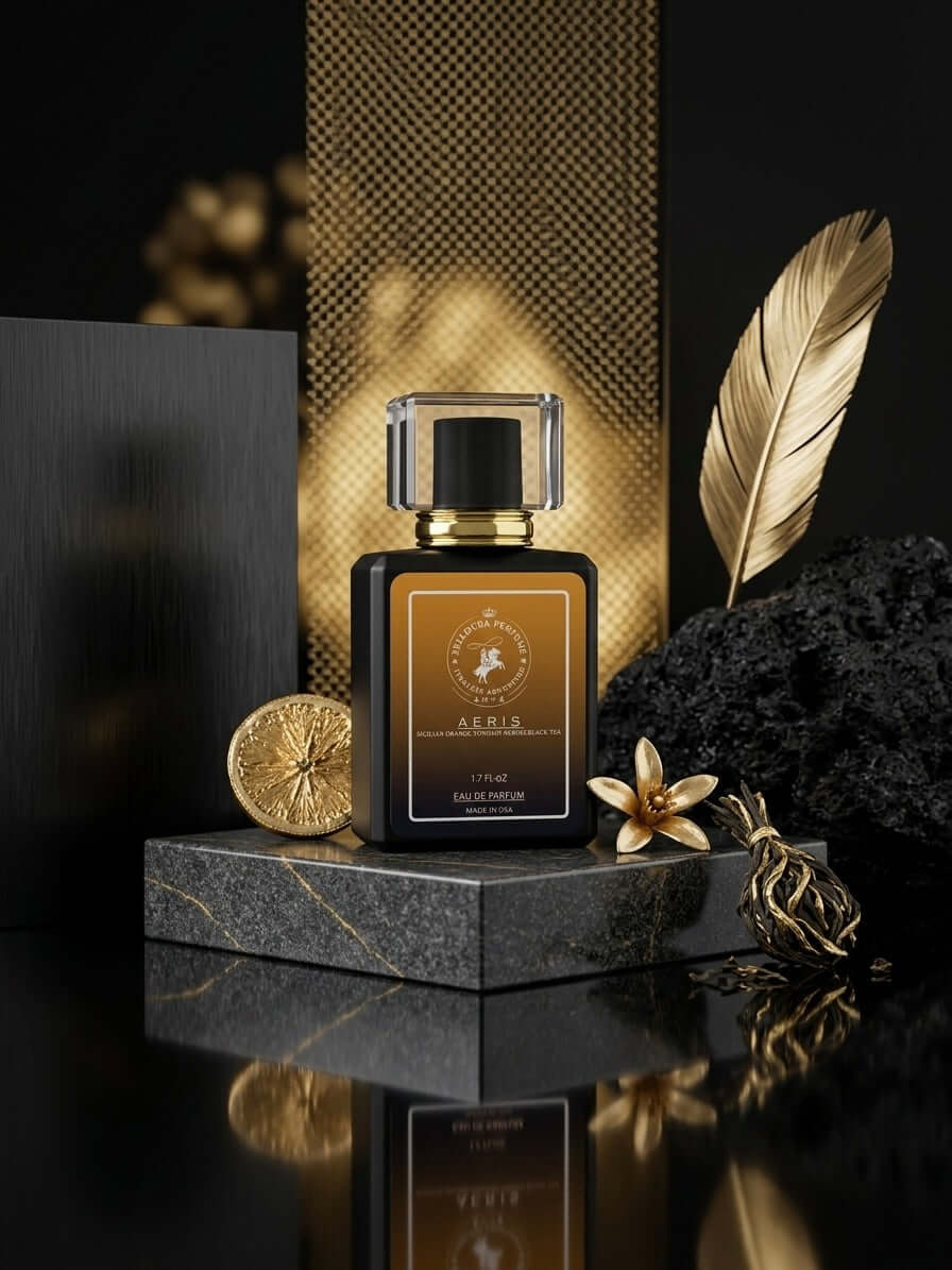 Aeris Eau de Parfum fragrance bottle showcasing elegance and allure with decorative elements on a dark surface.