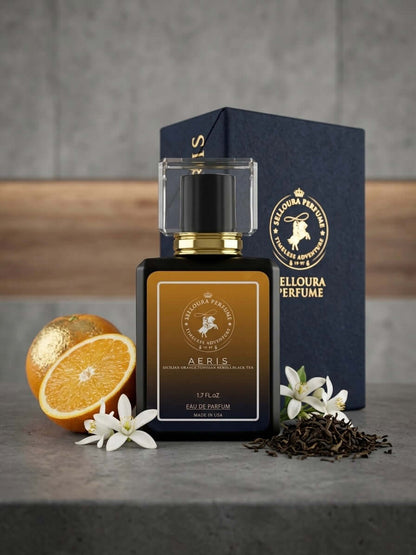 Aeris Eau de Parfum fragrance bottle with citrus and floral notes against a stylish background.
