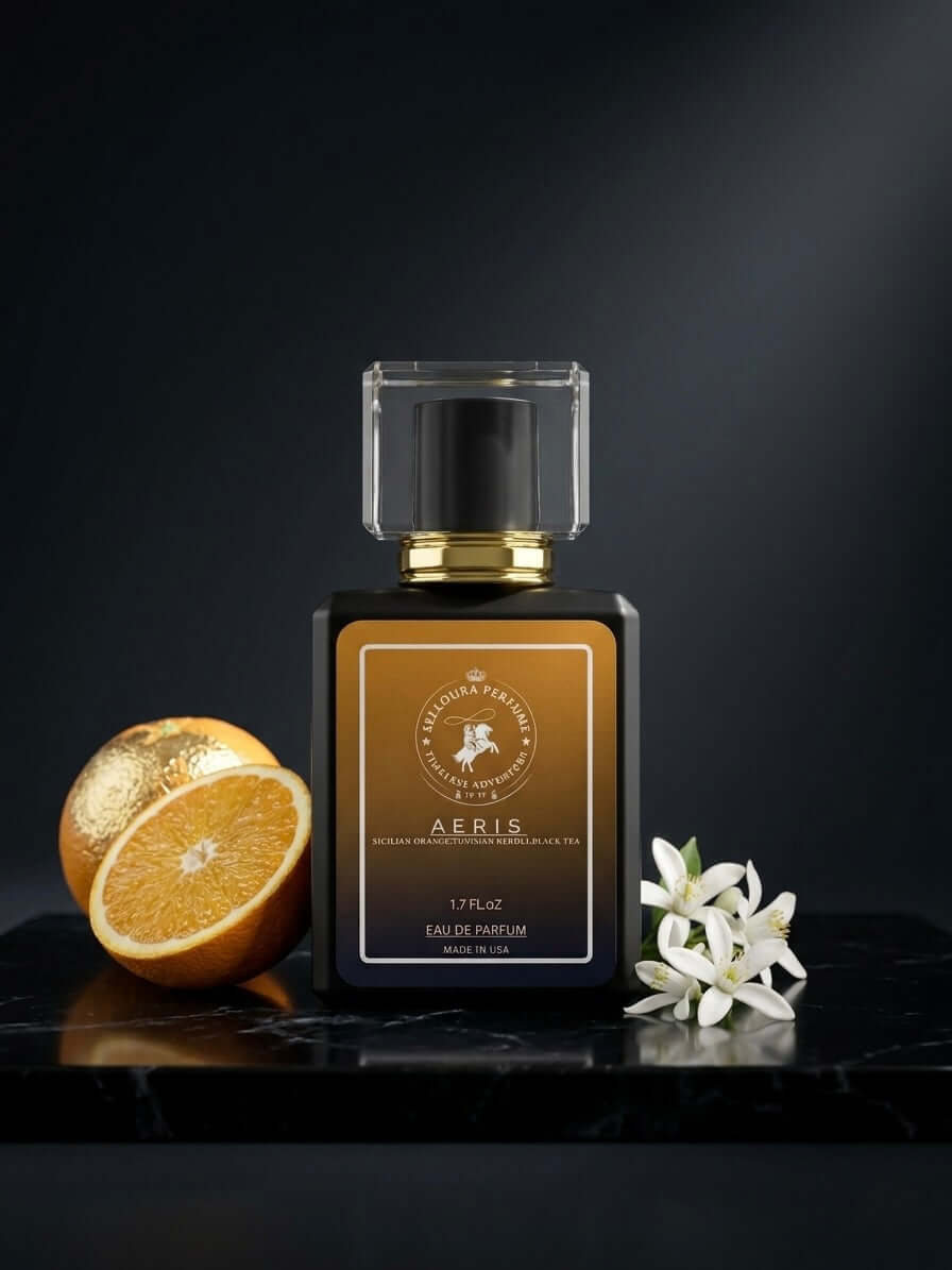 Aeris Eau de Parfum fragrance bottle with floral accents and oranges on a dark background.
