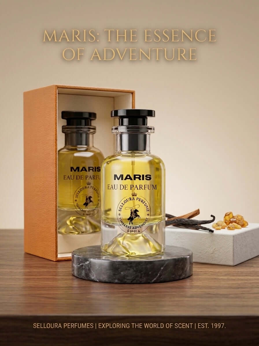 MARIS inspired by Immensite fragrance bottle on display, showcasing the essence of adventure in elegant packaging.