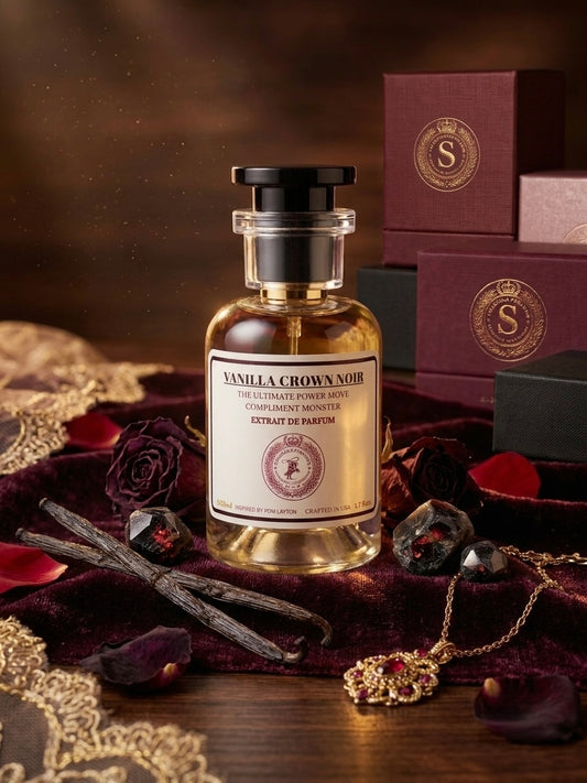 Vanilla Crown Noir perfume bottle with packaging and vanilla beans on a dark background