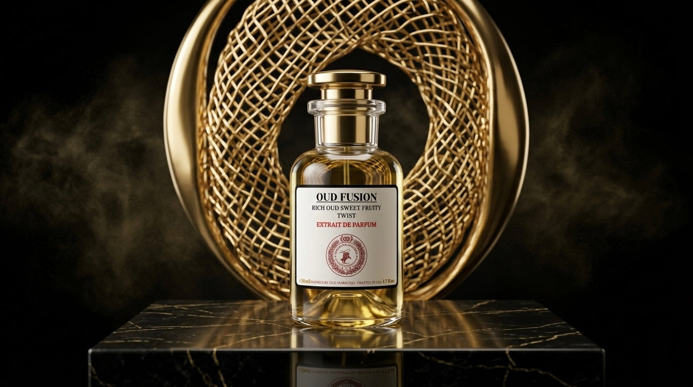 Perfume bottle labeled 'Oud Fusion' on a dark surface with a gold circular object in the background