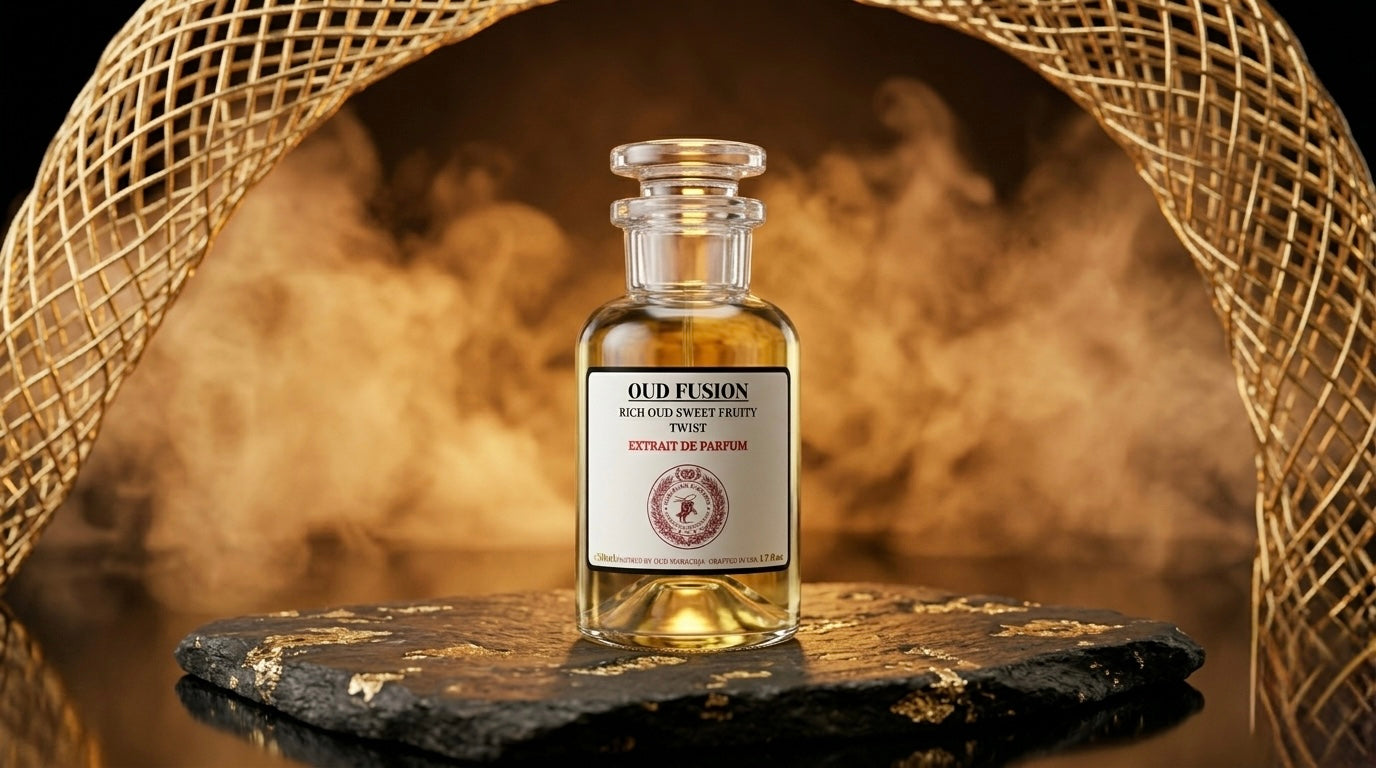 Small bottle of Oud Fusions perfume on a dark surface with a textured background