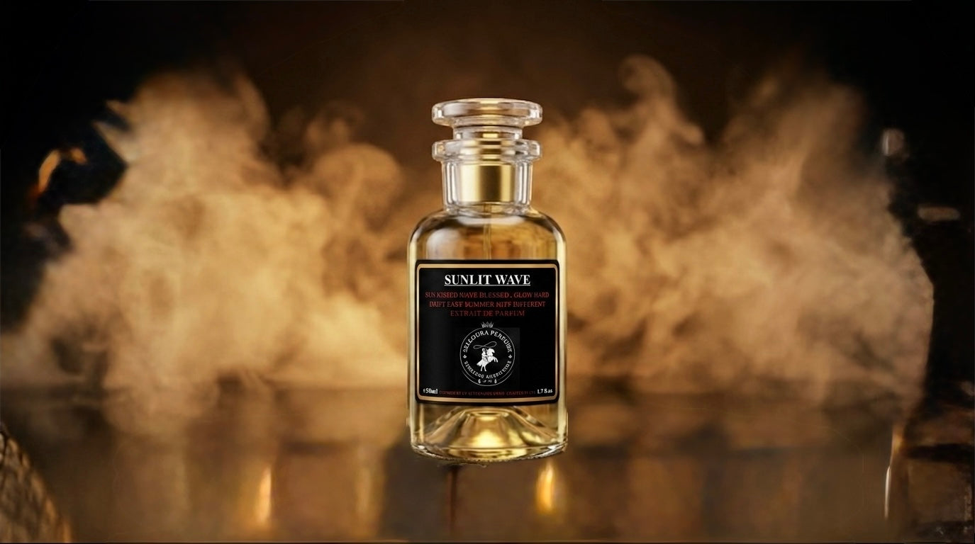 Perfume bottle labeled 'Sultry Wave' with smoke effect in the background