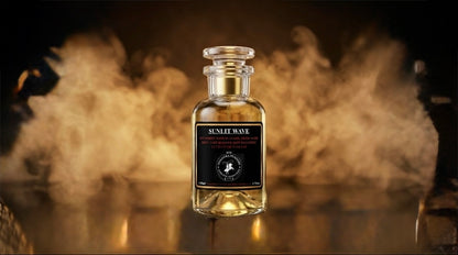Perfume bottle labeled 'Sultry Wave' with smoke effect in the background