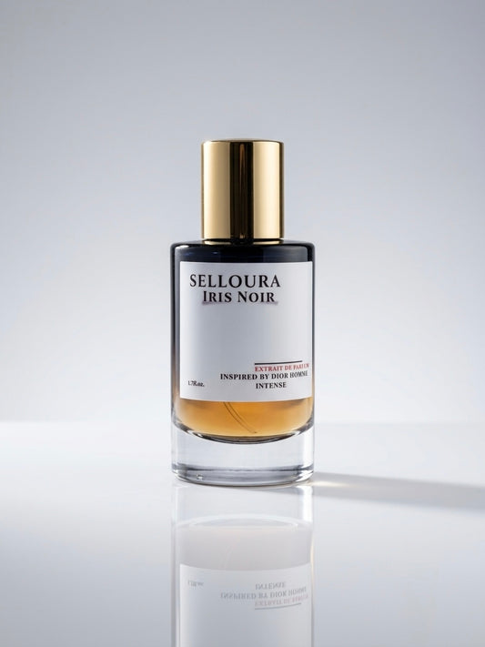 A bottle of SELLOURA IRIS NOIR perfume with a gold cap, set against a clean light gray background with a soft reflection below.