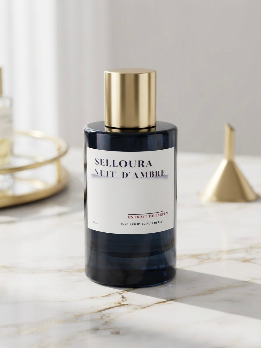 A bottle of Selloura Nuit d'Ambre perfume with a dark navy blue glass body, a white label, and a metallic gold cap, set on a marble surface with gold decorative objects in the background.