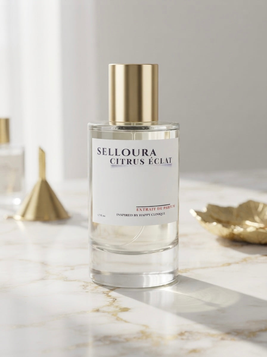 A clear glass perfume bottle with a white label and a metallic gold cap, labeled 'SELLOURA CITRUS ÉCLAT', set on a light marble surface with soft-focus decorative gold objects in the background.