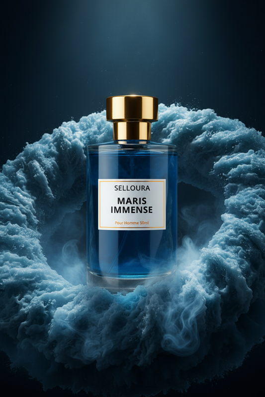 Blue perfume bottle labeled 'Maris Immense' by Selloura on a textured blue surface with a dark background.
