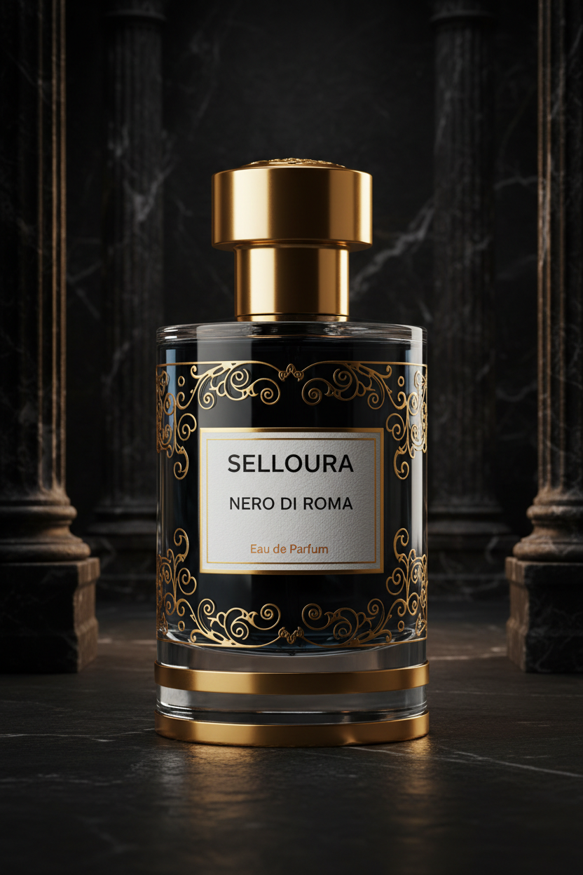 Perfume bottle labeled 'Selloura Nero di Roma' with gold accents on a dark background