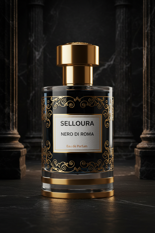 Perfume bottle labeled 'Selloura Nero di Roma' with gold accents on a dark background
